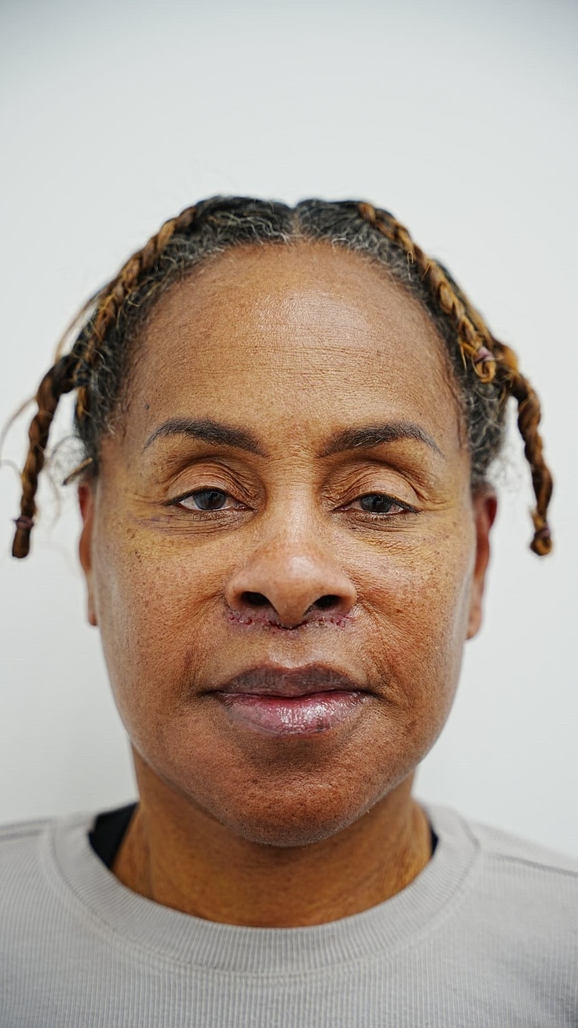 Woman with natural hair in green robe.