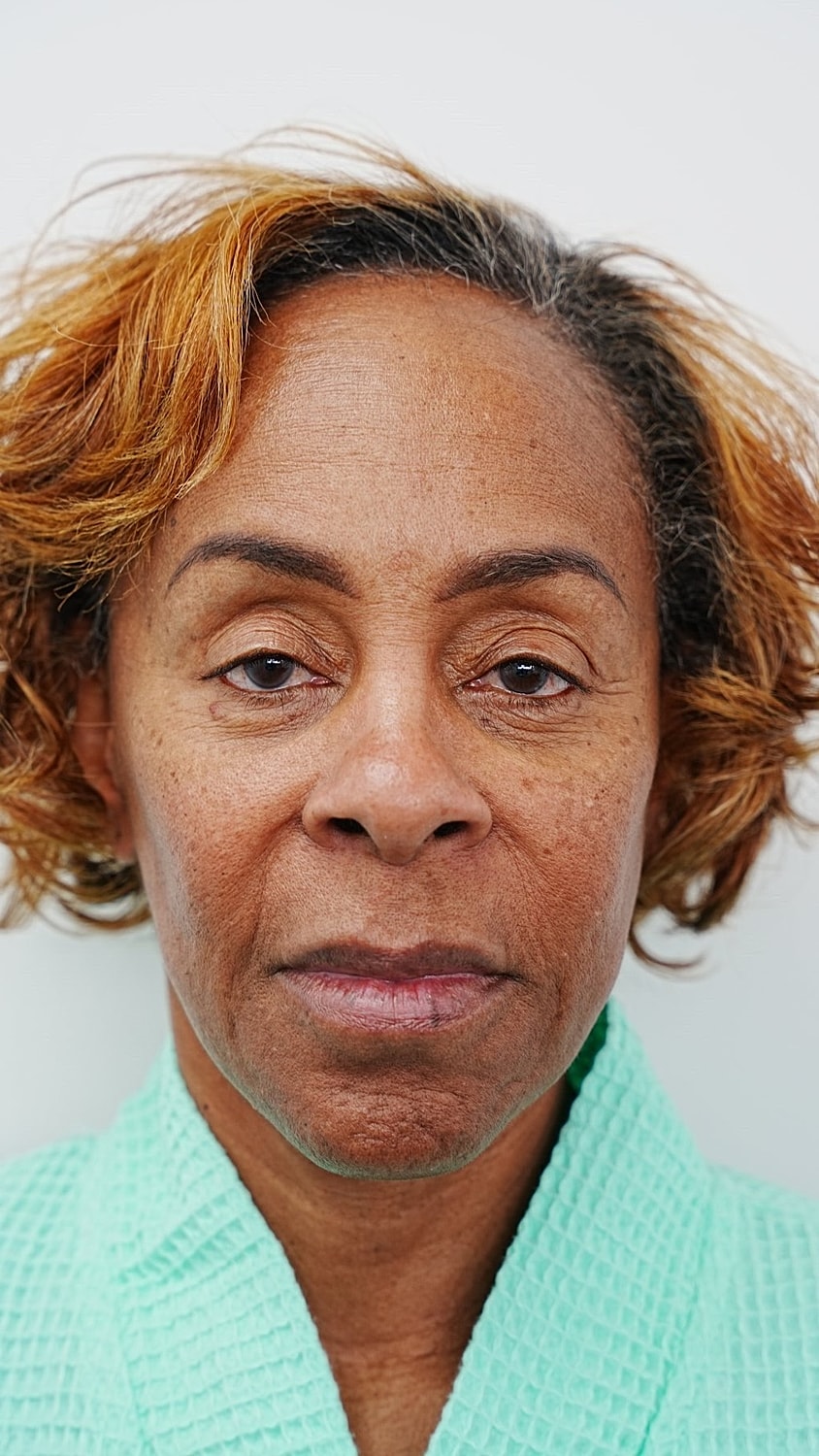 Woman with natural hair in green robe.