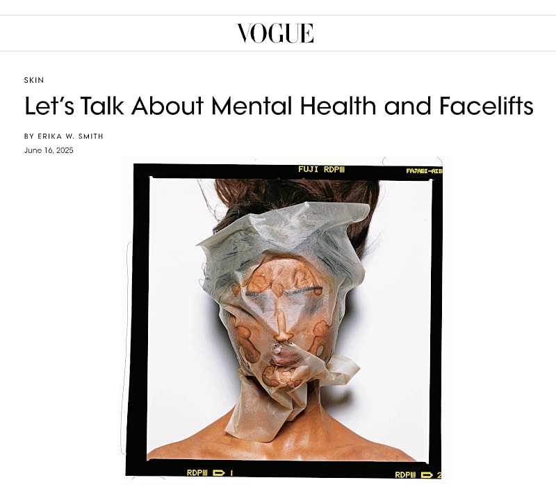 Model with facial mask discussing mental health and facelifts